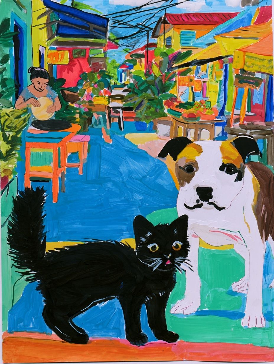 A black kitten startled by a white and brown pitbull in a simple Nicaraguan street scene