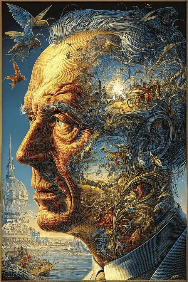 Es una compleja grabado surrealista adecuada para un libro de fantasía
