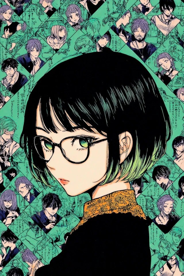 Style anime avec une palette vert-noir et hachures