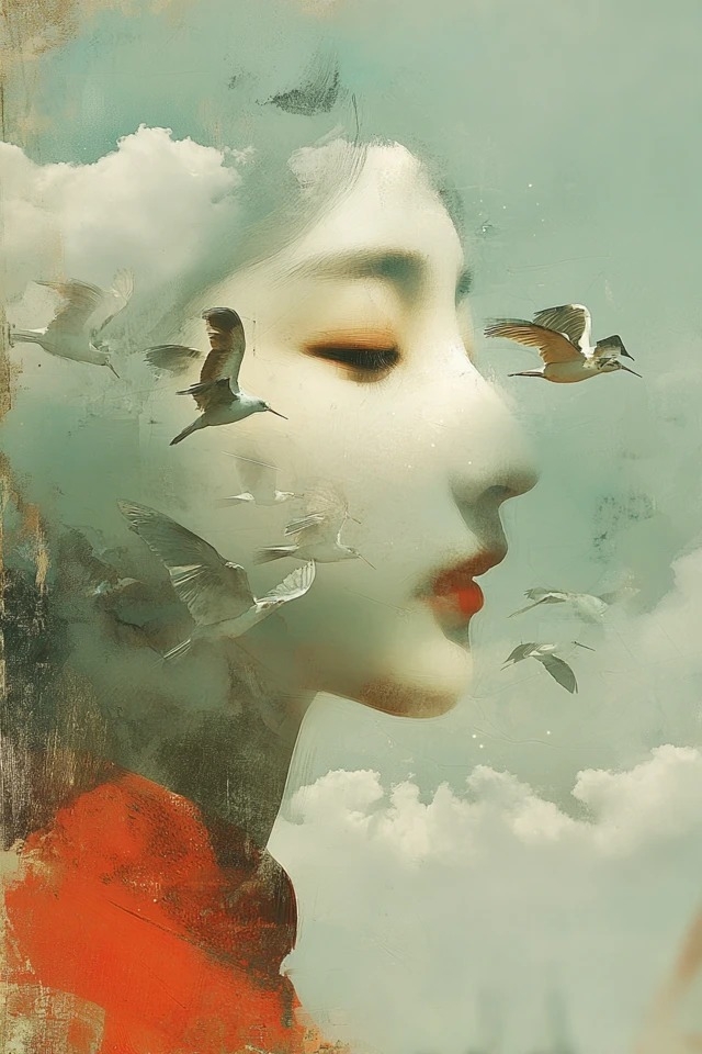 Soft double-exposure art suitable for poetry book covers and meditation app backgrounds