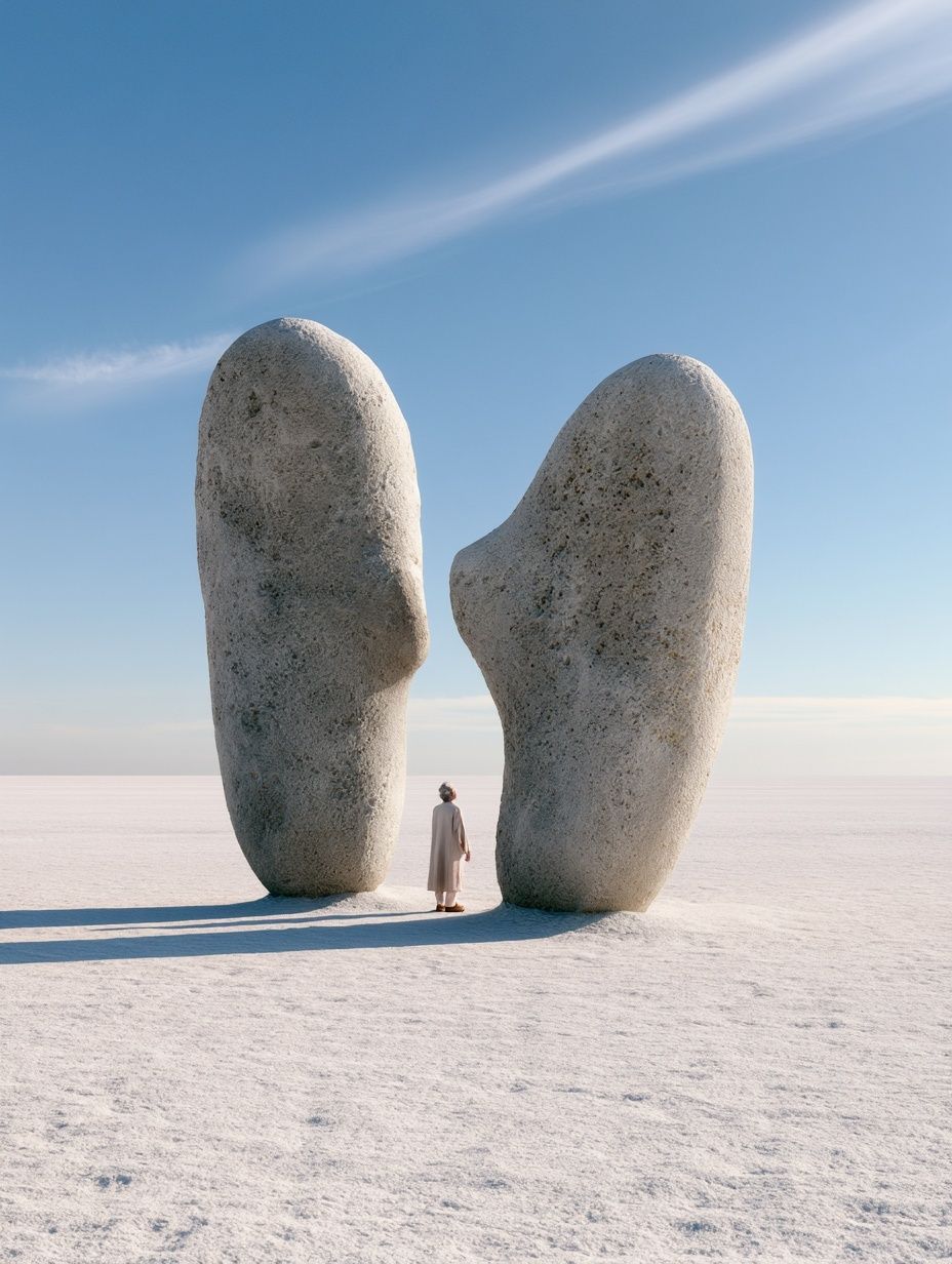 Eine kleine Figur mit riesigen Flügeln steht allein in einer weiten weißen Landschaft