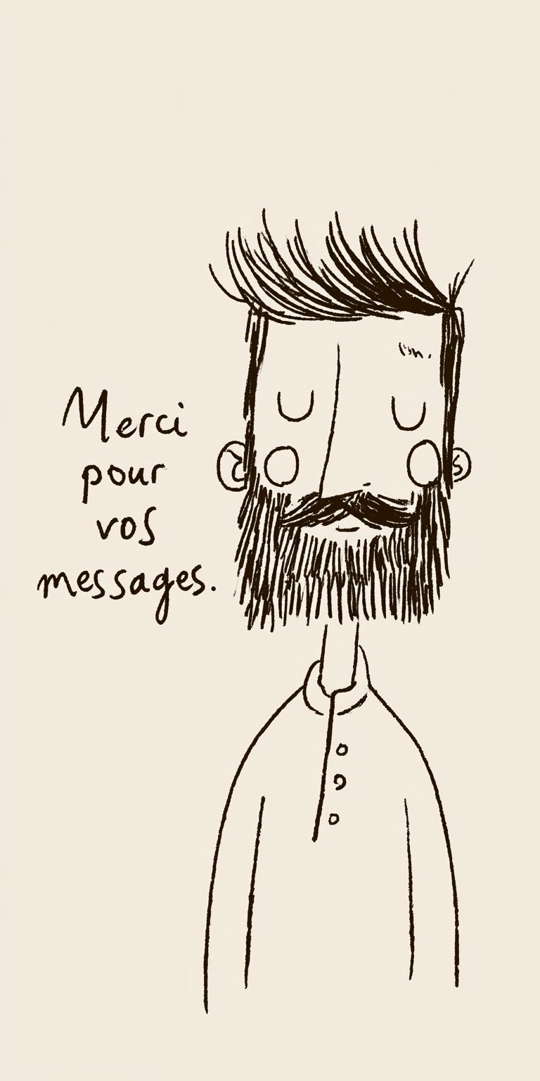 A bearded man is saying thank you for your messages in French