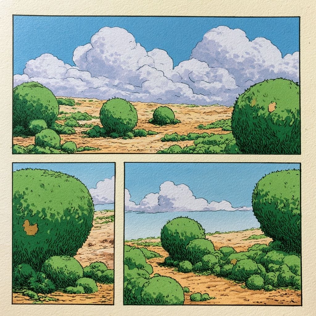 奇妙な低木がある代替風景の漫画、素朴な描画スタイル