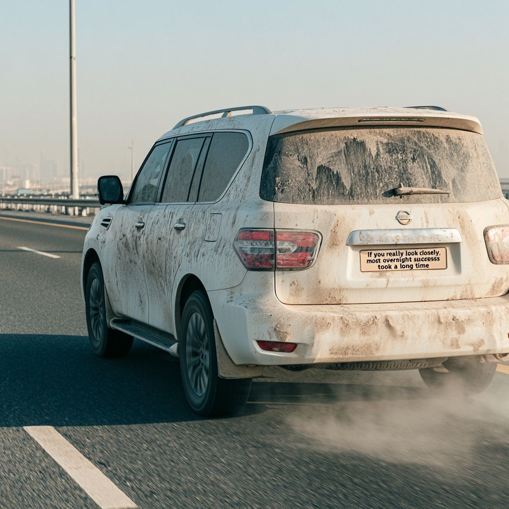 Rear view of a white Nissan SUV on Dubai highway with license plate stating that success takes time