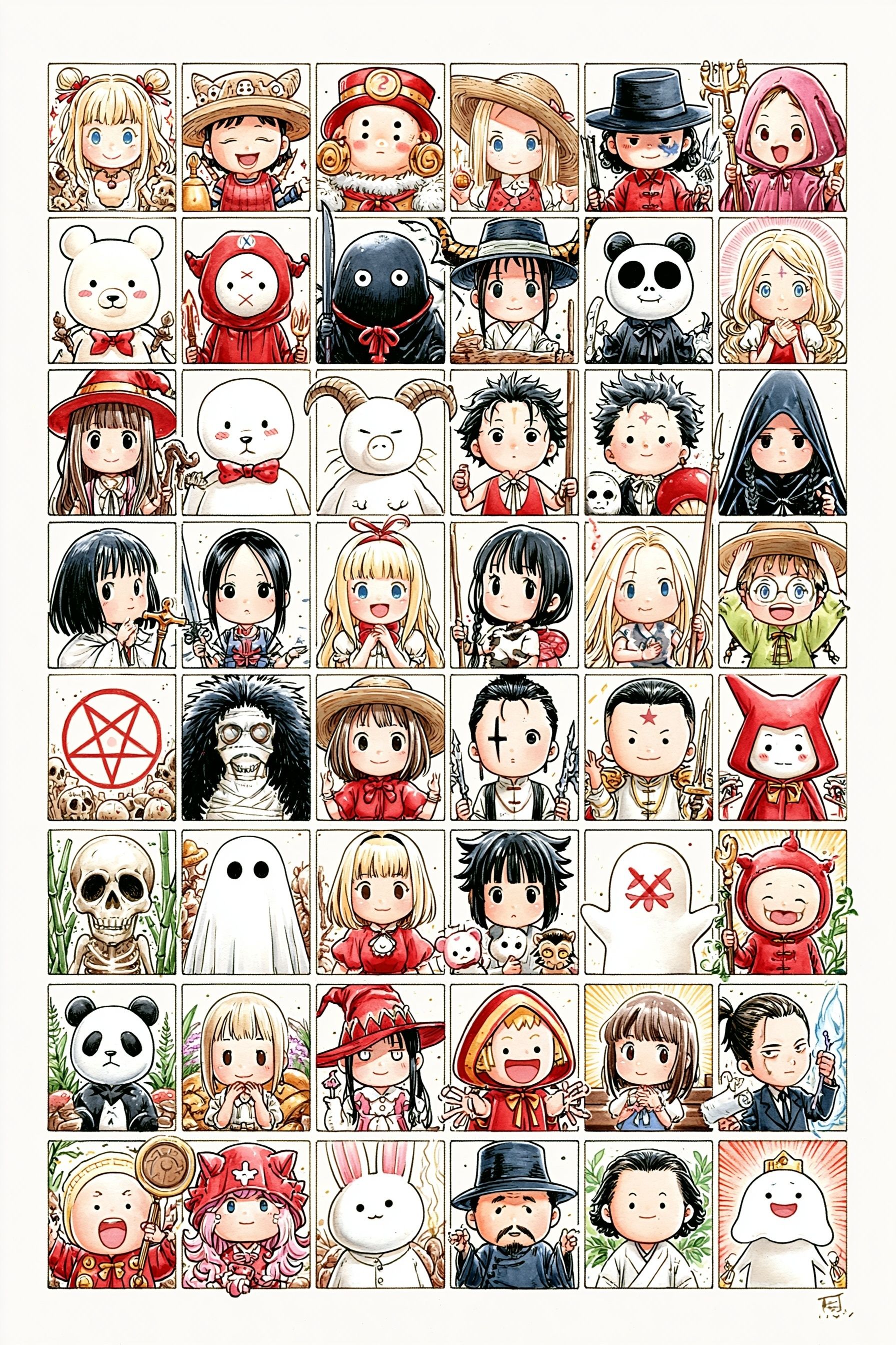 Eine Comic-Seite mit mehreren Panels, von denen jedes einen Kawaii-Charakter basierend auf einem okkulten Symbol zeigt