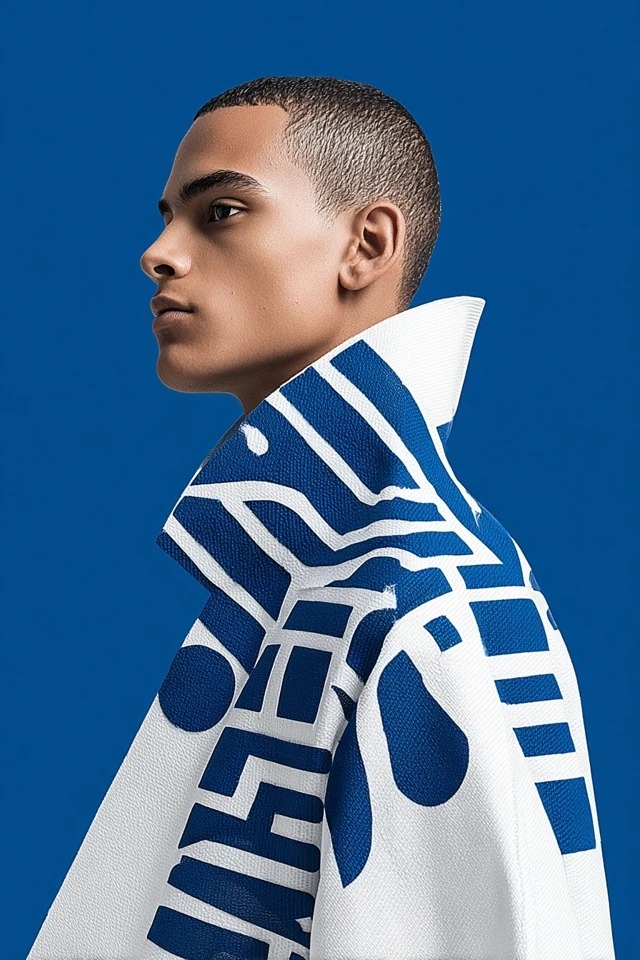 Bold graphic minimalism with high-contrast cobalt and white suitable for fashion editorials and brand campaigns