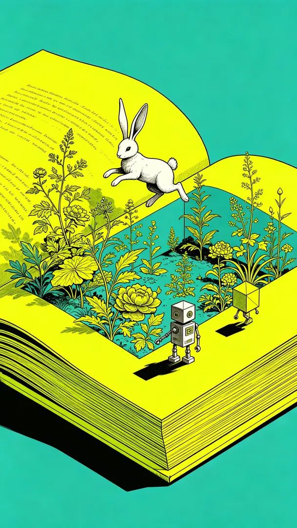 Eine Miniaturwelt mit einem hornigen Hasen und einem geometrischen Roboter existiert zwischen den Buchseiten