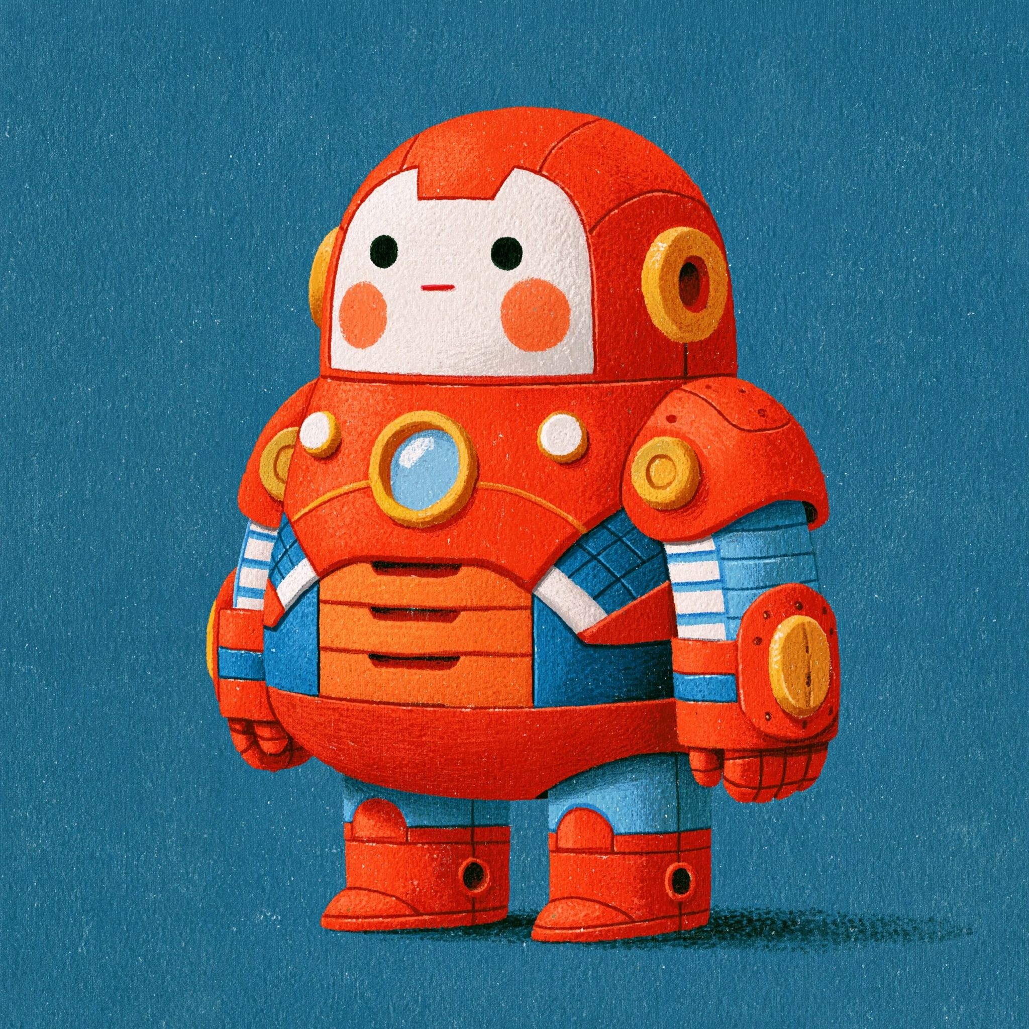 このイラストは、魅力的なレトロフューチャリズムのロボットキャラクターを描いており、中世のモダンデザインと現代のかわいいキャラクターイラストを融合しています