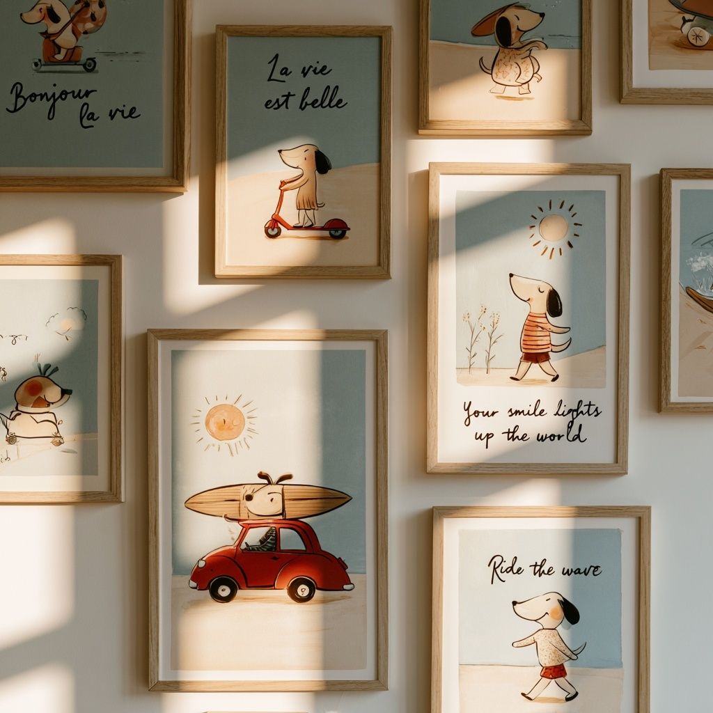 A cozy gallery features multiple illustrations in a vintage children's book style showcasing playful anthropomorphic dog characters