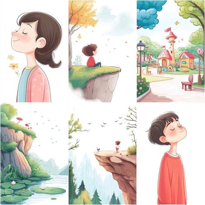 Eine sanfte Kinderillustration, die ein lächelndes Mädchen und einen Jungen zeigt, der herbstliche Blätter betrachtet