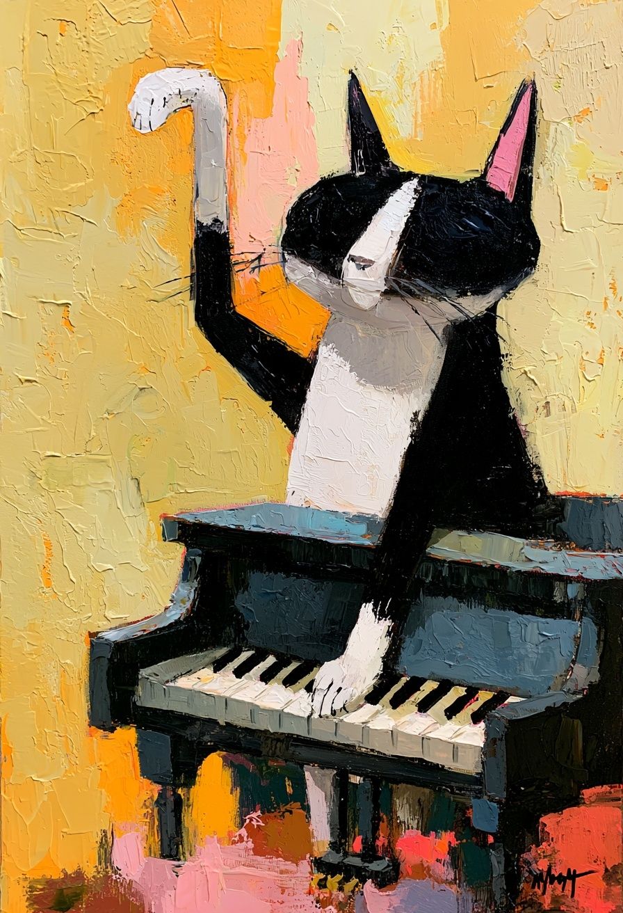 Eine verspielte Illustration einer Katze auf einem Klavier in Blau und Schwarz