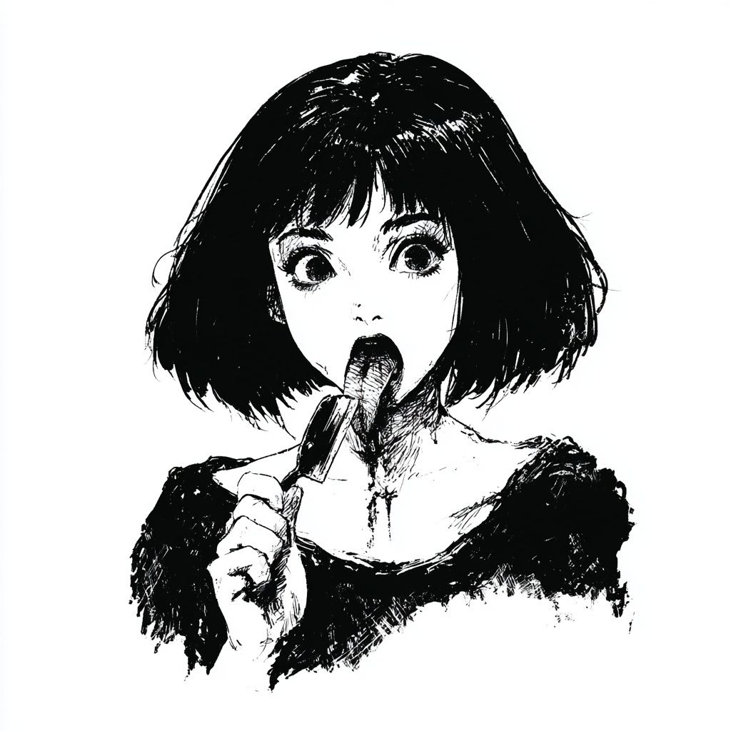 一幅可愛女孩拉著舌頭，舌頭上放有剃刀的插畫