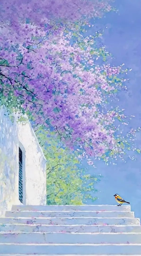 Créer une illustration apaisante avec des fleurs bleu-violet et un petit oiseau sur les marches