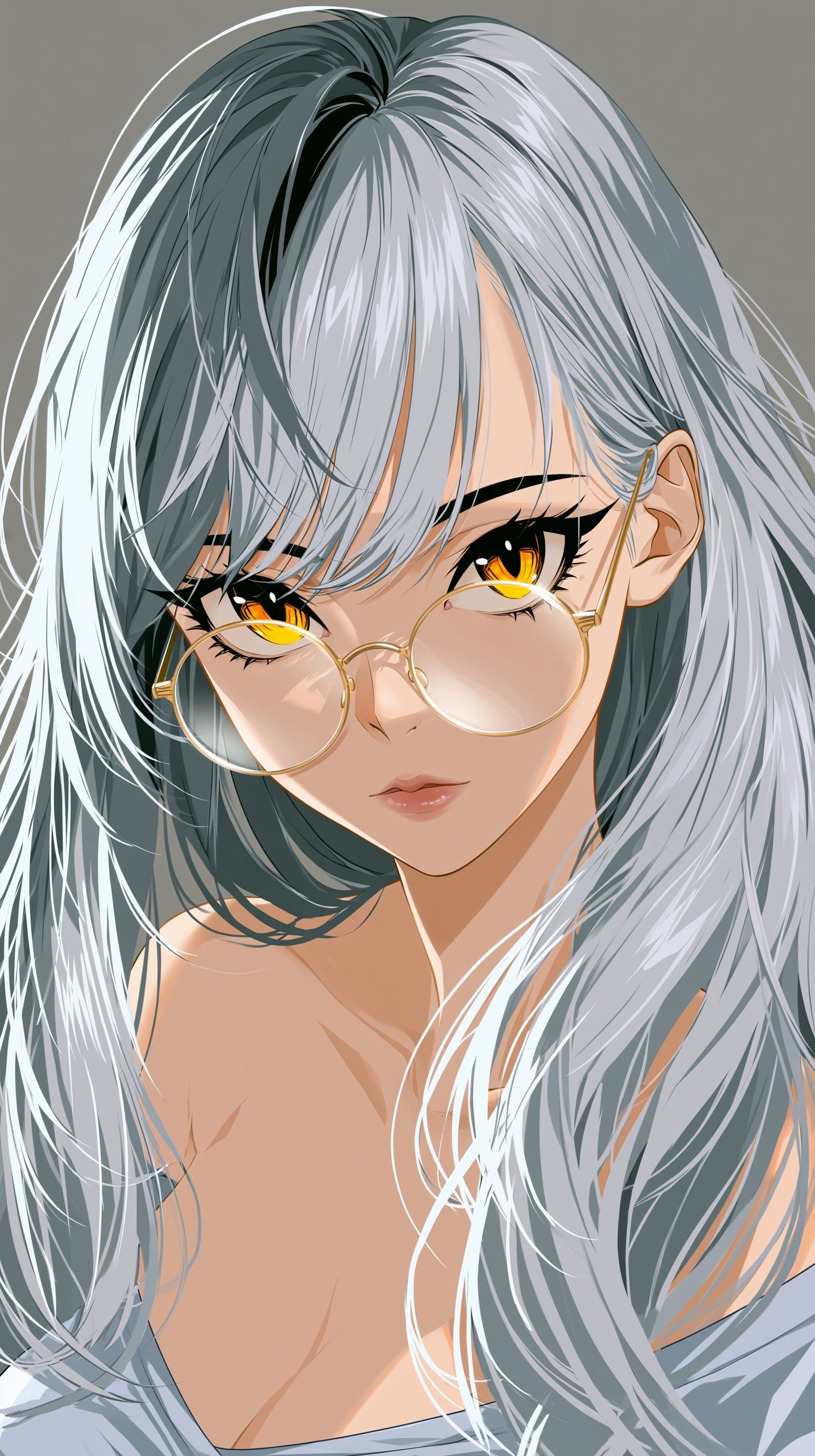 Cabeza de estilo anime con cabello gris largo, pupilas amarillas brillantes y gafas redondas y adorables
