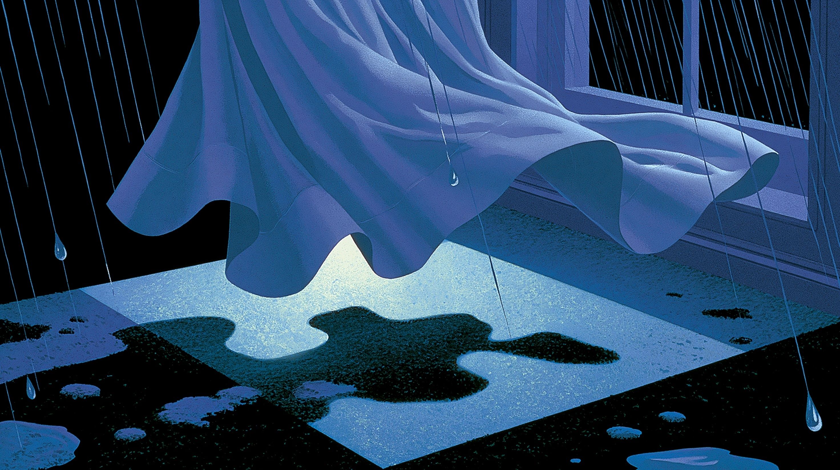 La lumière de nuit illumine une zone carrée sur le tapis noir avec des gouttes de pluie tombant dessus