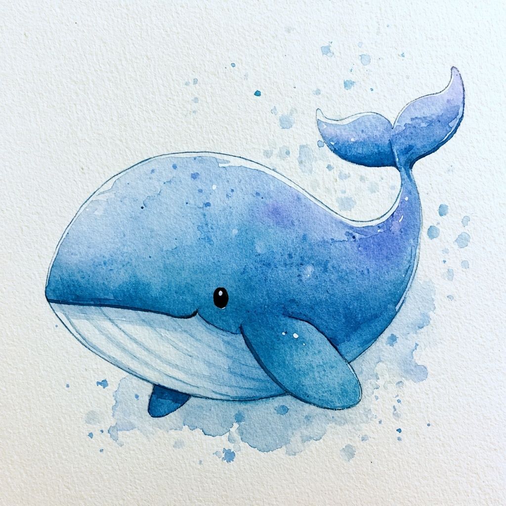 水彩スタイルのライトブルーのクジラが甘い笑顔