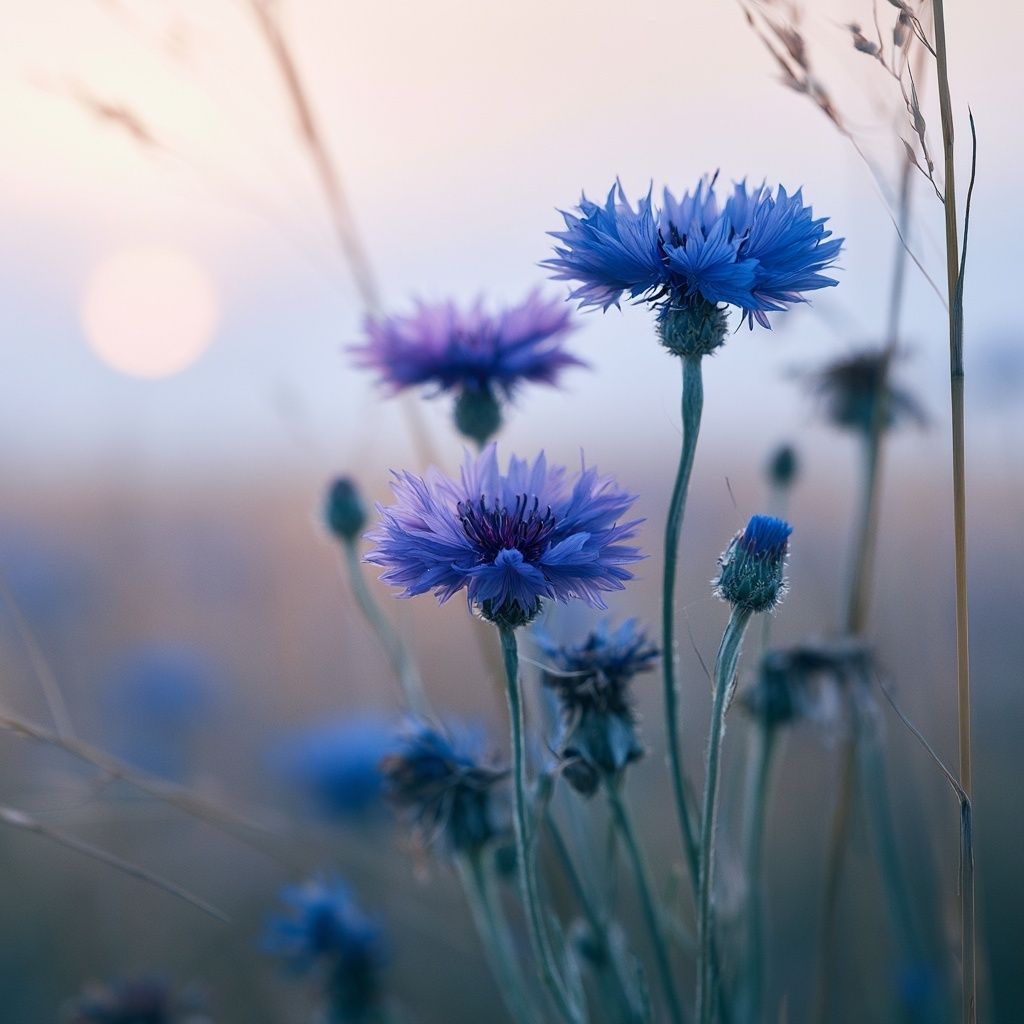 Cornflowers in the field bathed in soft morning light