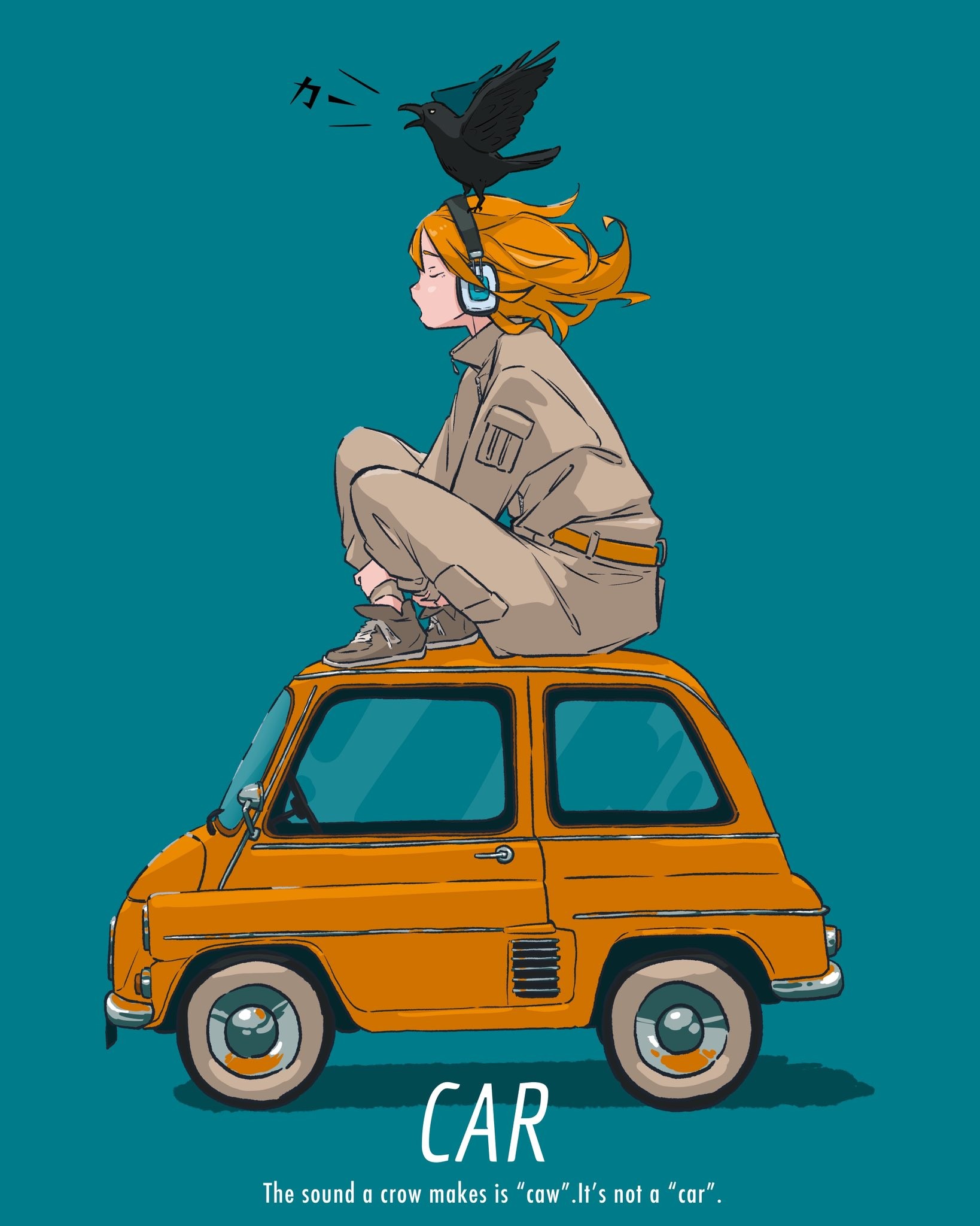 Esta ilustração retrata um personagem de olhos fechados com fones de ouvido e um corvo em um estilo de anime contemporâneo
