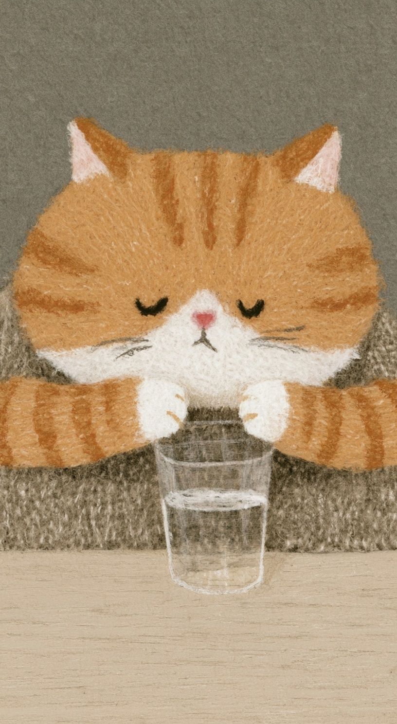 Un mignon chat tabby orange et dodu est assis sur la table, enfonçant sa tête dans une tasse d'eau