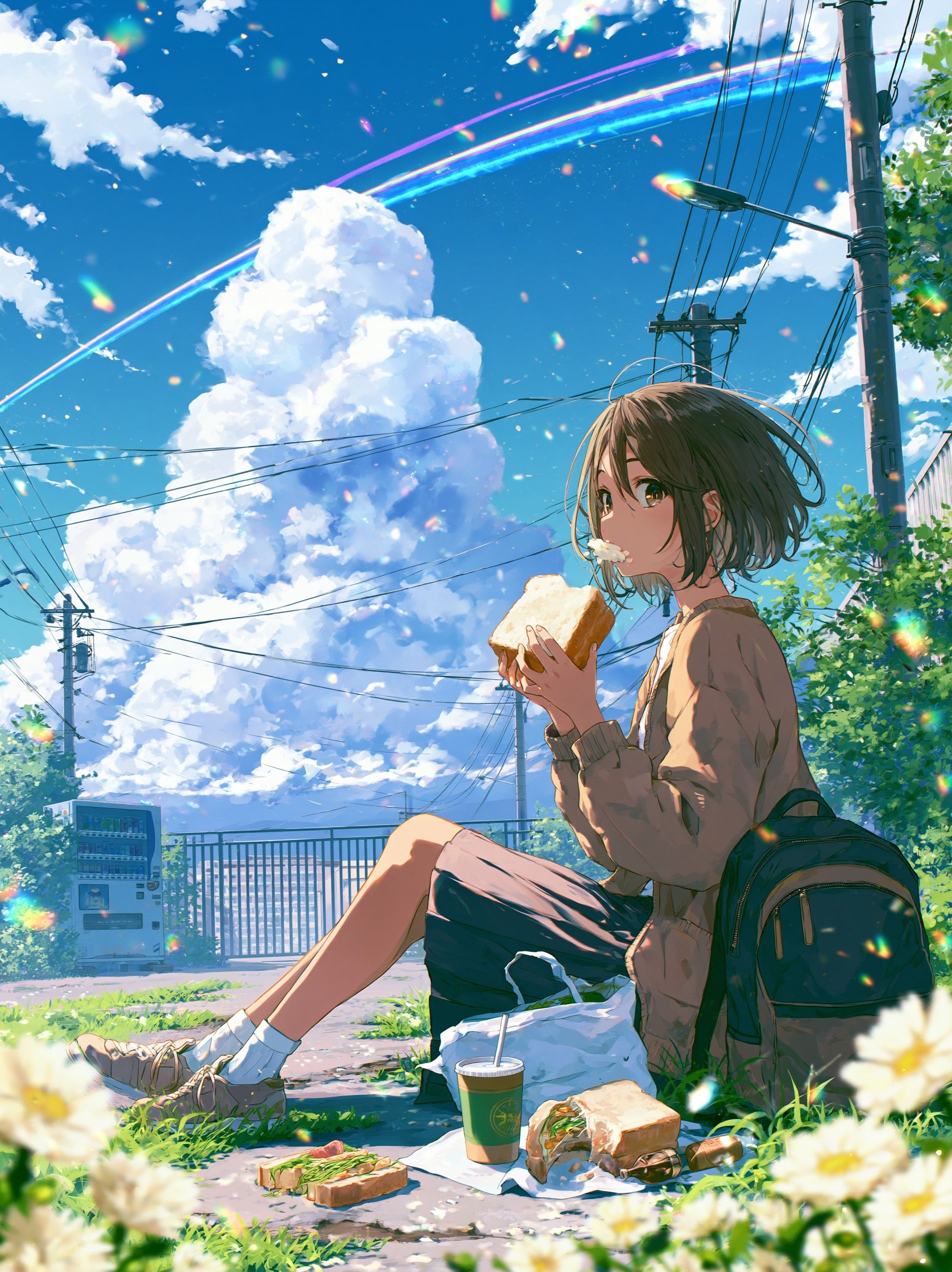 A woman bites into bread amidst a beautiful background in everyday life