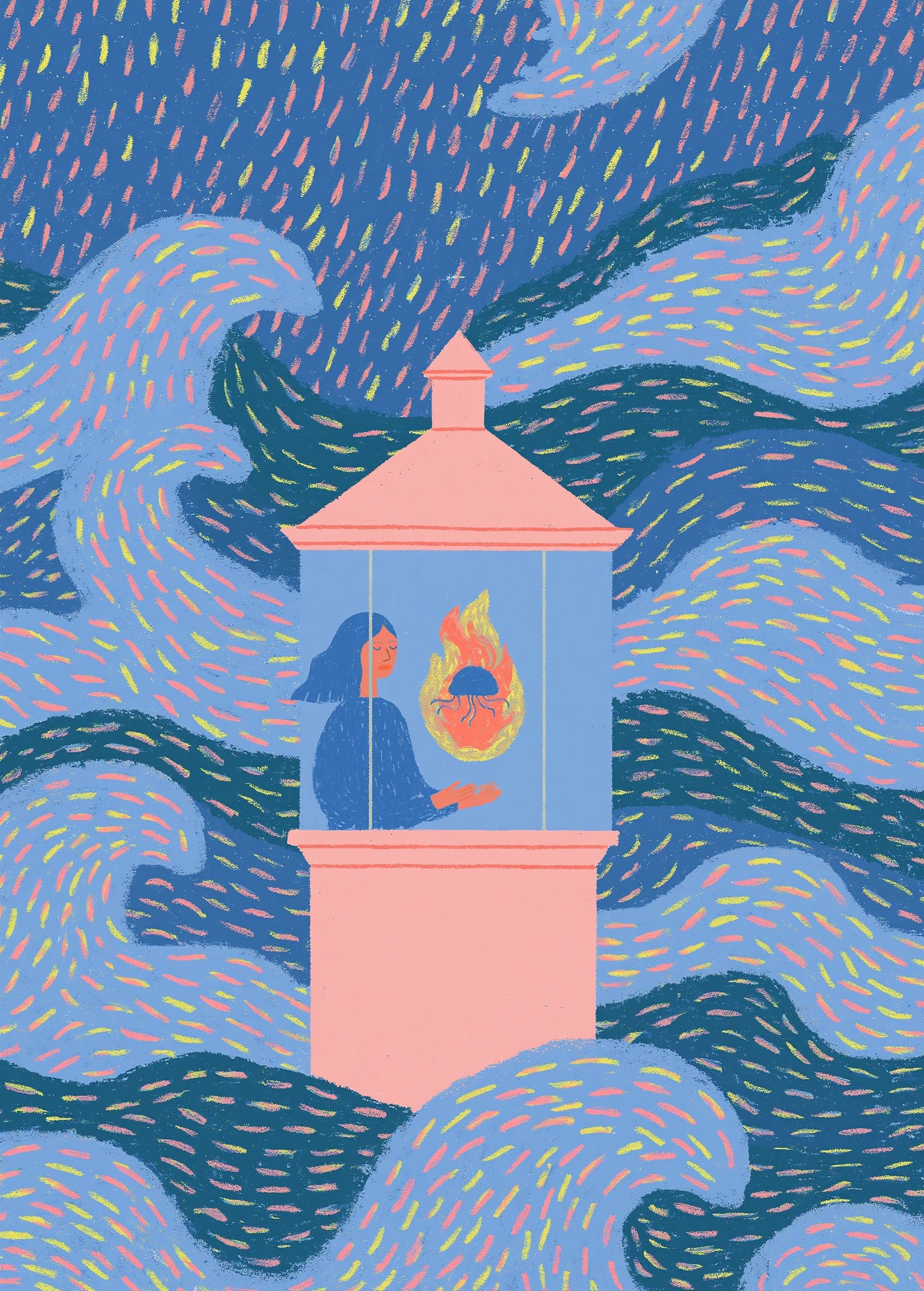 A woman is protecting a small colorful flame inside a glass lighthouse during a storm