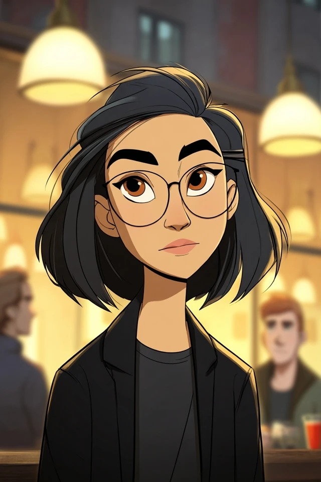 Il s'agit d'une illustration de portrait centrée adaptée aux films d'animation, avec un fond intérieur flou
