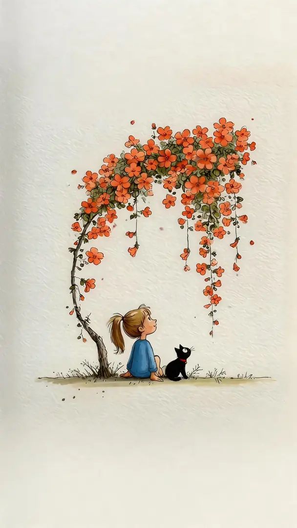 A blonde girl sits on the ground looking at flowers with a little black cat beside her