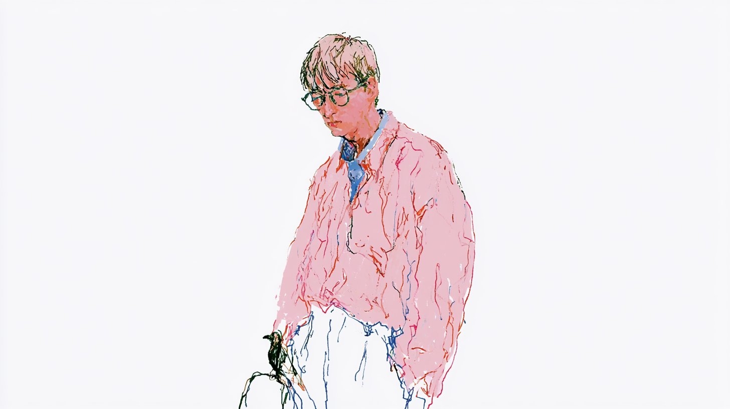 这是一幅结合松散丙烯洗涤和表现性线条绘画的男性形象，展现了沉思的姿态