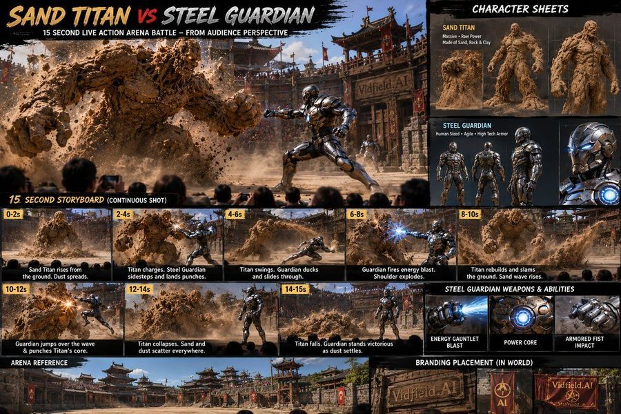 Create a single vertical 9:16 pre-production development board combining character sheets and cinematic storyboard