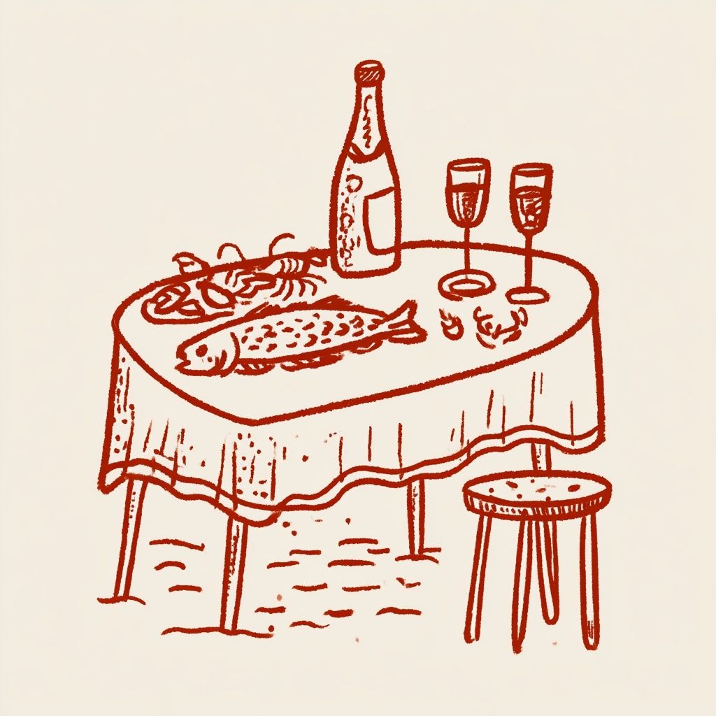 A table with fish, seafood plate, champagne bottle, and glasses in red shades on a white background