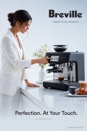 A stylish woman operates the Breville Barista Touch espresso machine on a pristine marble kitchen counter