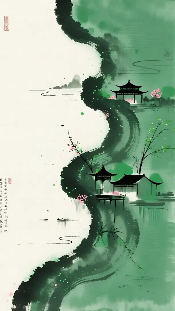 El cartel presenta una hermosa ola de salpicaduras de tinta como tema principal, mostrando un degradado de verde fresco y la calidad etérea del Zen en la estética oriental