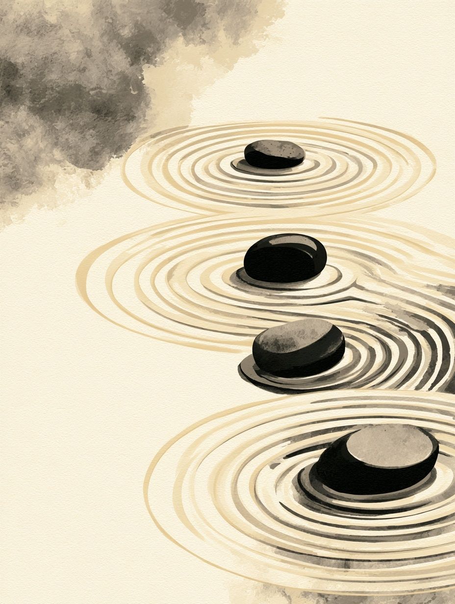 jardin zen japonais minimaliste avec des motifs de pierres et de sable