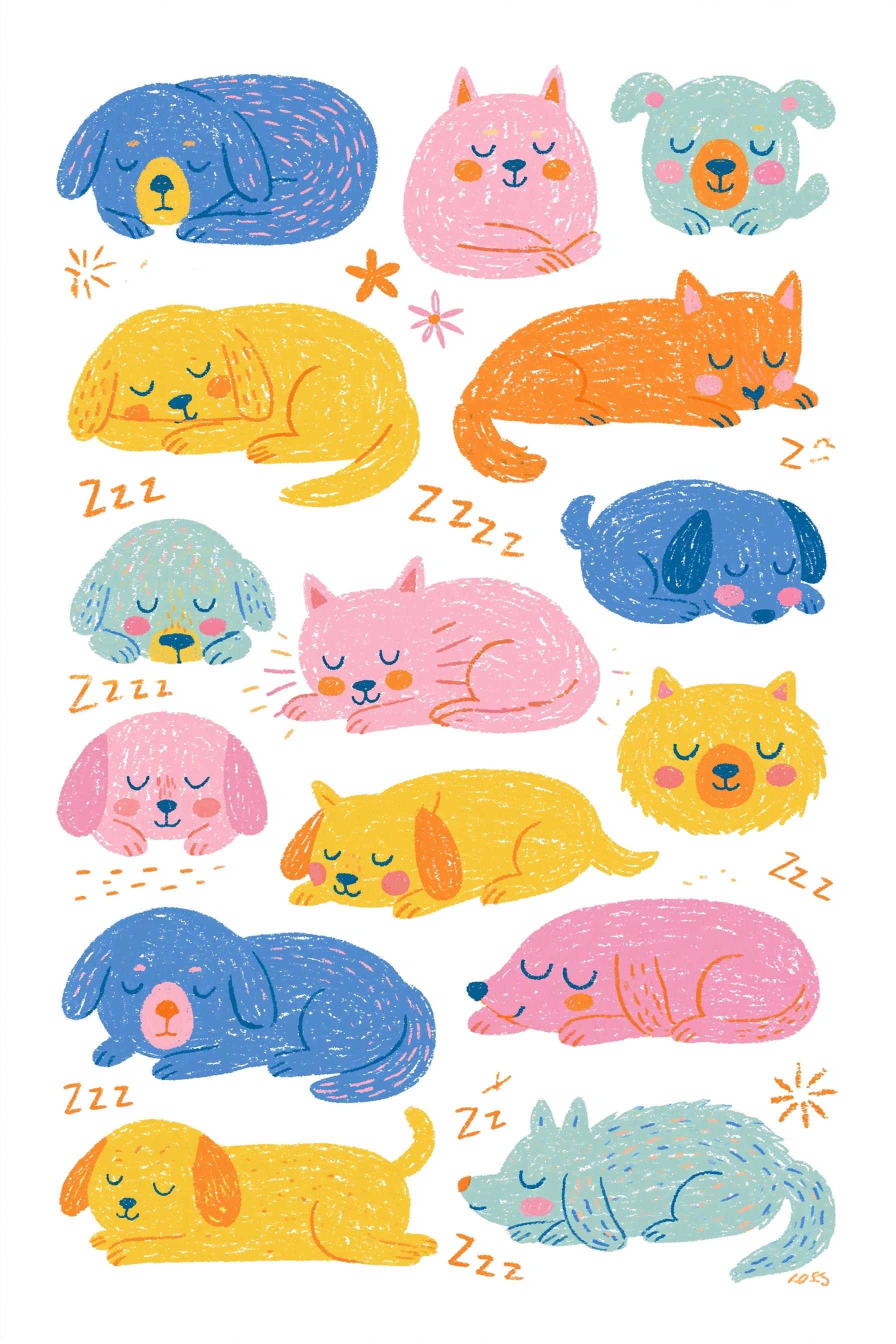 Illustration of dogs sleeping in different positions