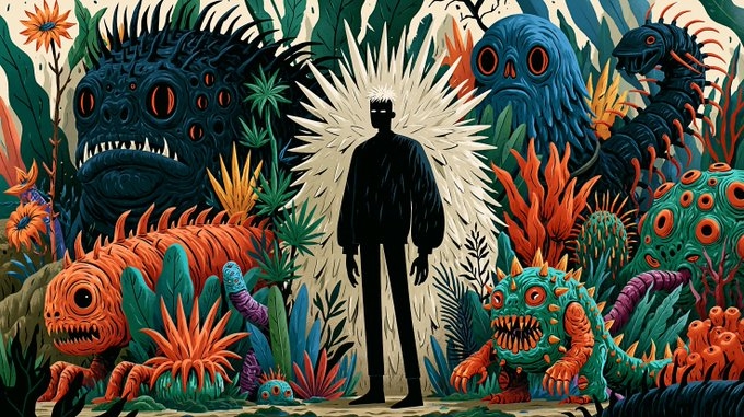 Una silueta negra está en el centro de una jungla colorida