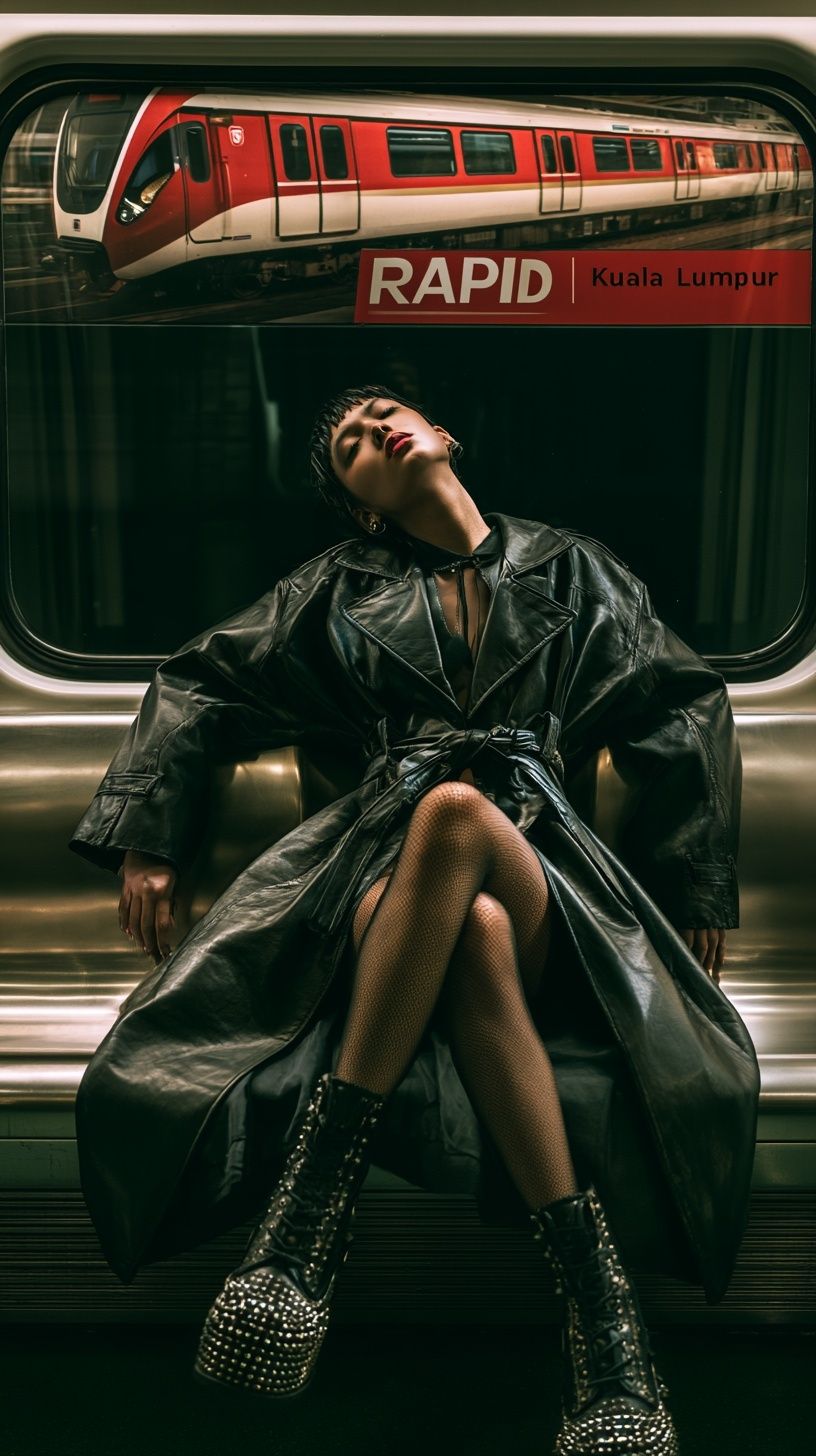 A woman in a leather coat and stockings poses relaxed on a subway seat