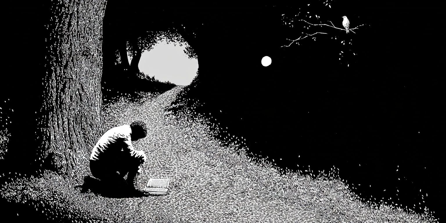 A lone man kneels at the trailhead lacing his boots by moonlight