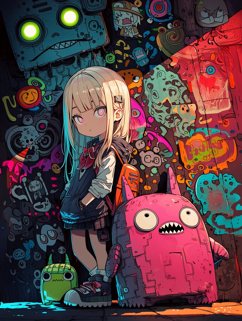 金髪の少女とピンクの怪獣が落書きの壁の前にいる