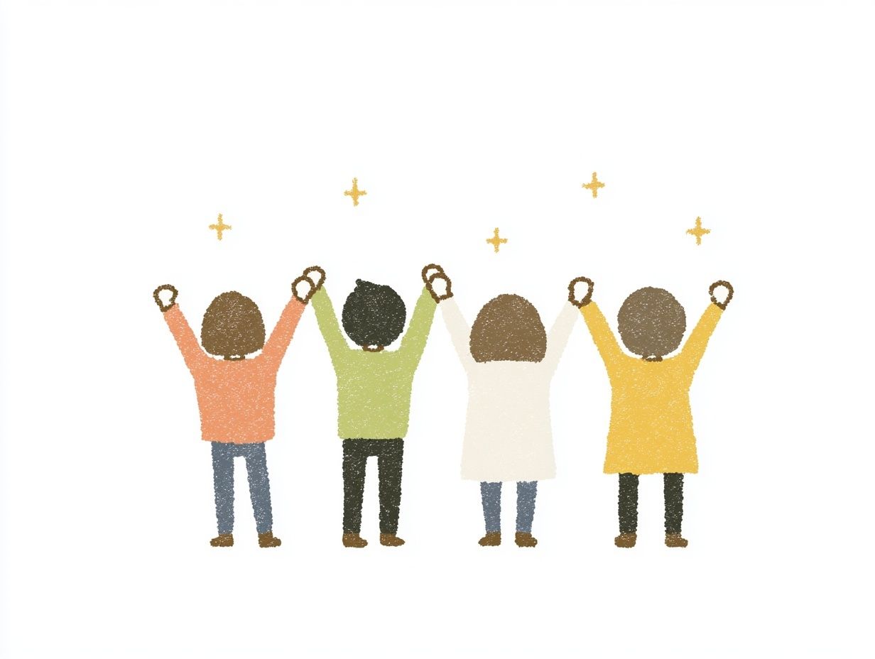 Four cheerful Japanese characters celebrating in a cute educational clip-art style
