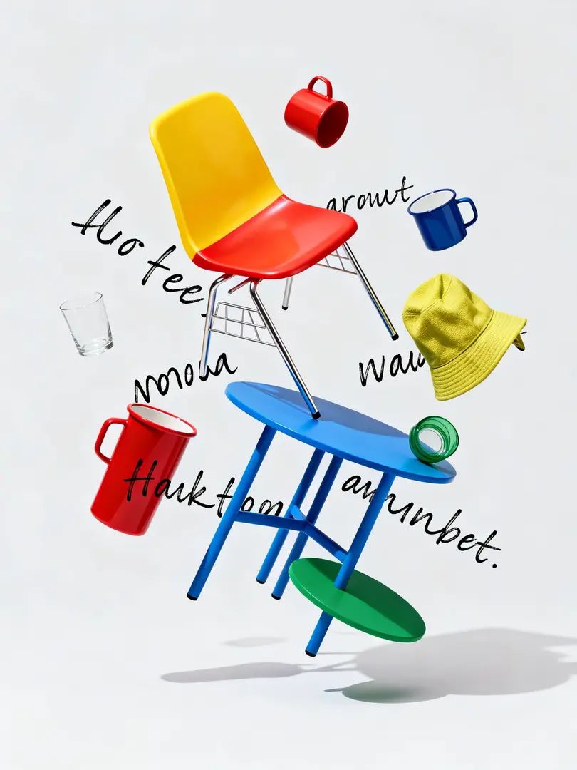 L'œuvre de minimalisme surréaliste présente des objets du quotidien dans des couleurs à haute saturation