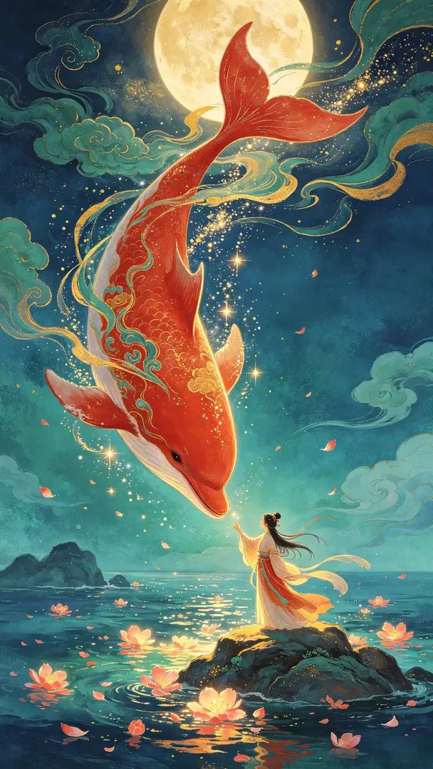 L'illustration dépeint une scène fantastique d'un poisson et d'une fille rencontrant des créatures marines