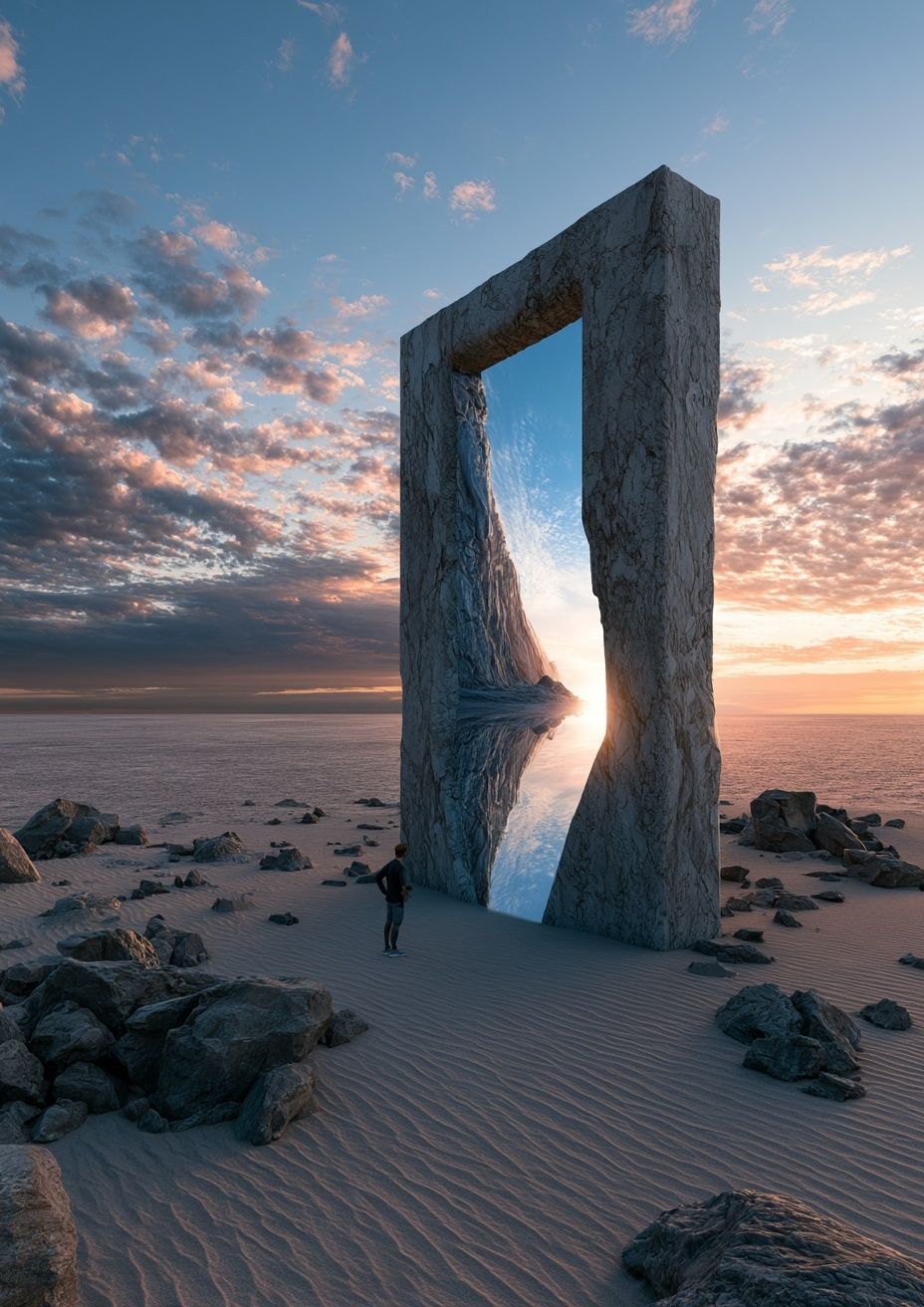 A giant ancient marble mirror stands alone in a vast desert, reflecting an athlete as a powerful Greek god