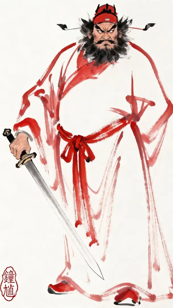 La pintura de tinta minimalista de Lin Shao Dan representa a Zhong Kui sosteniendo una espada