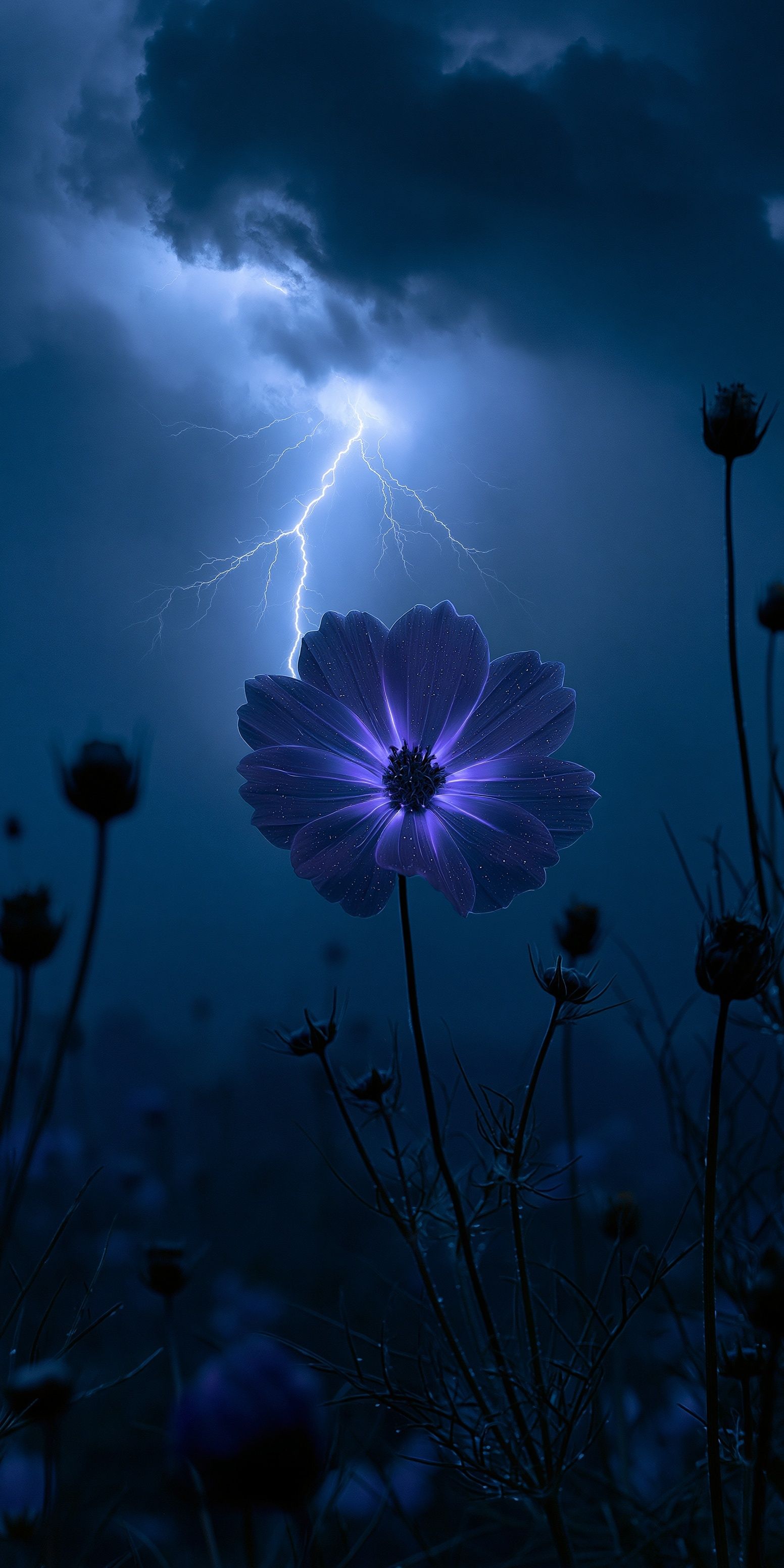 A dark fantasy photo showcases a glowing neon-purple cosmos flower blooming in a pitch-black field