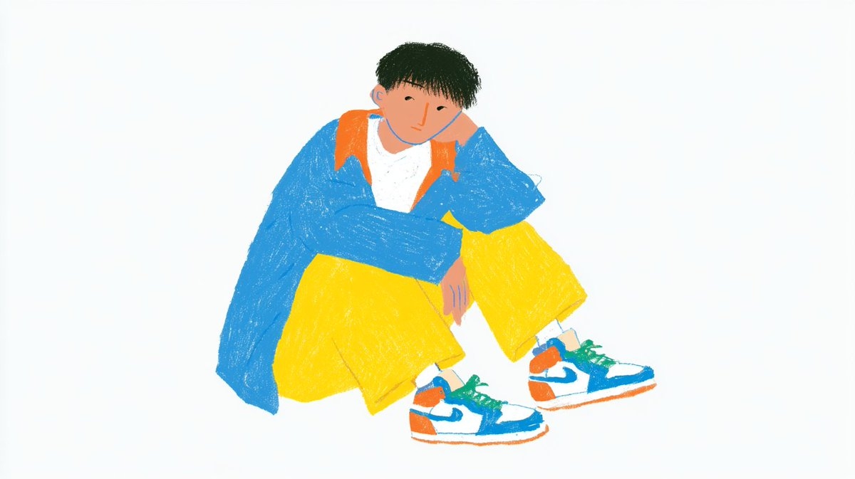 子供が白い虚無の中に座っていて、明るい青のジャケットと黄色のズボンを履いている
