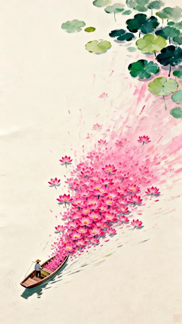 油絵は漁師と睡蓮の自然な風景を描いている