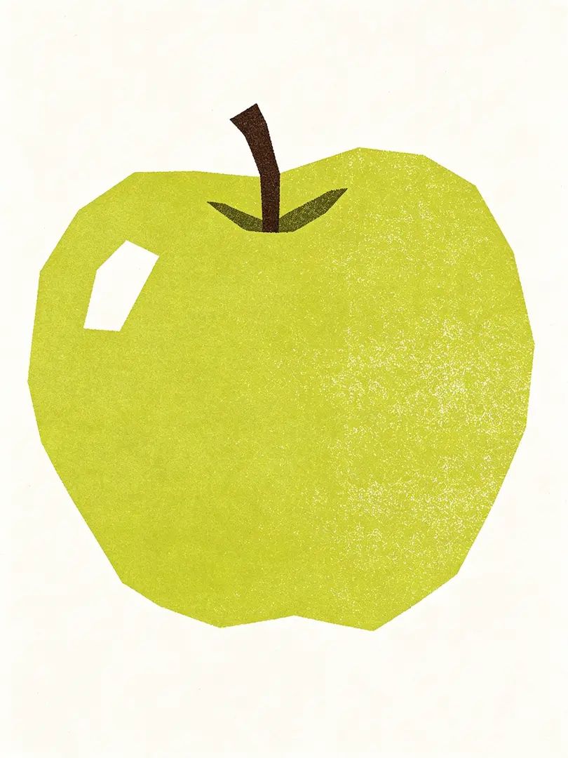 Eine flache und unvollkommene hellgrüne Apfelillustration im Retro-Stil der 90er