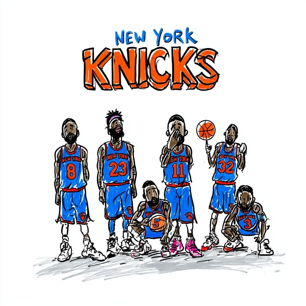 Six male basketball players wearing blue New York Knicks jerseys