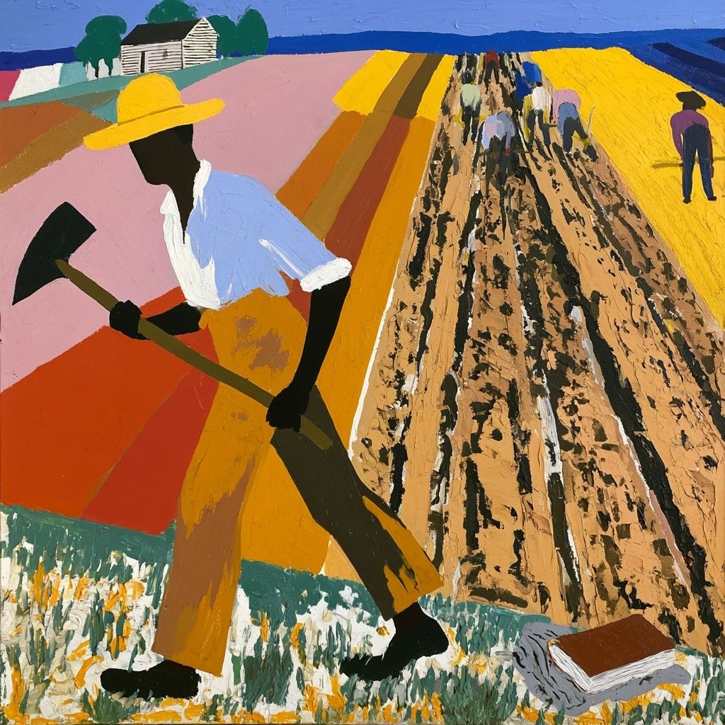 An early 20th-century oil painting depicting a 12-year-old African American boy carrying a hoe and a wrapped schoolbook in a Virginia field, symbolizing the tension between labor and learning
