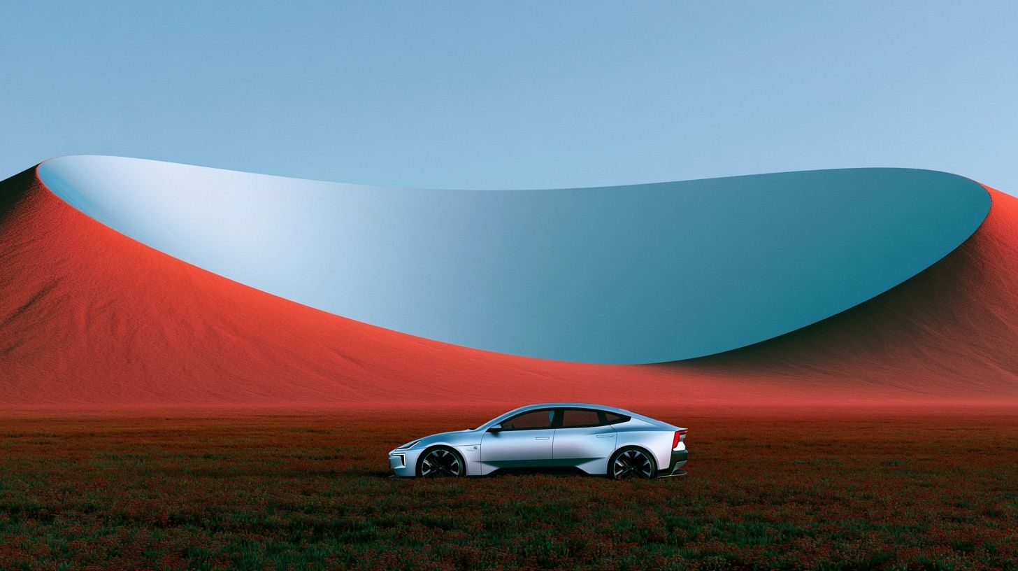 銀色のPolestar 5が巨大な波状反射構造の隣に位置し、未来のスカンジナビアデザインを示しています